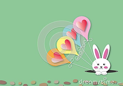 Red hearts on colourful balloons with bunny on pastel green background. Stock Photo